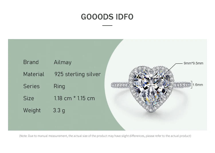 Ailmay 100% 925 Sterling Silve Elegant Romantic Sparkling Clear Zircon Heart Rings For Women Classic Wedding Statement Jewelry