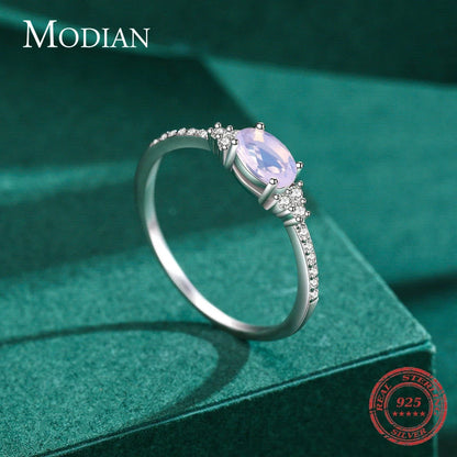 MODIAN 925 Sterling Silver Pink MoonStone Elegant Stackable Finger Ring Eternity Bands for Women Christmas Gifts Fine Jewelry