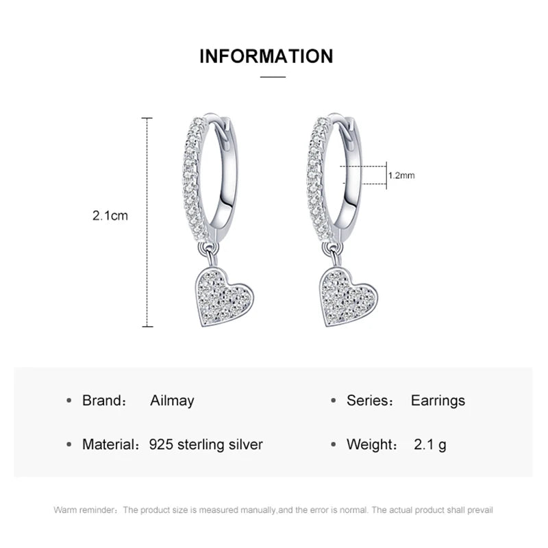 Ailmay 2021 New Arrival 925 Sterling Silver Heart Drop Earrings with Charm for Women Wedding Engagement Statement Luxury Jewelry