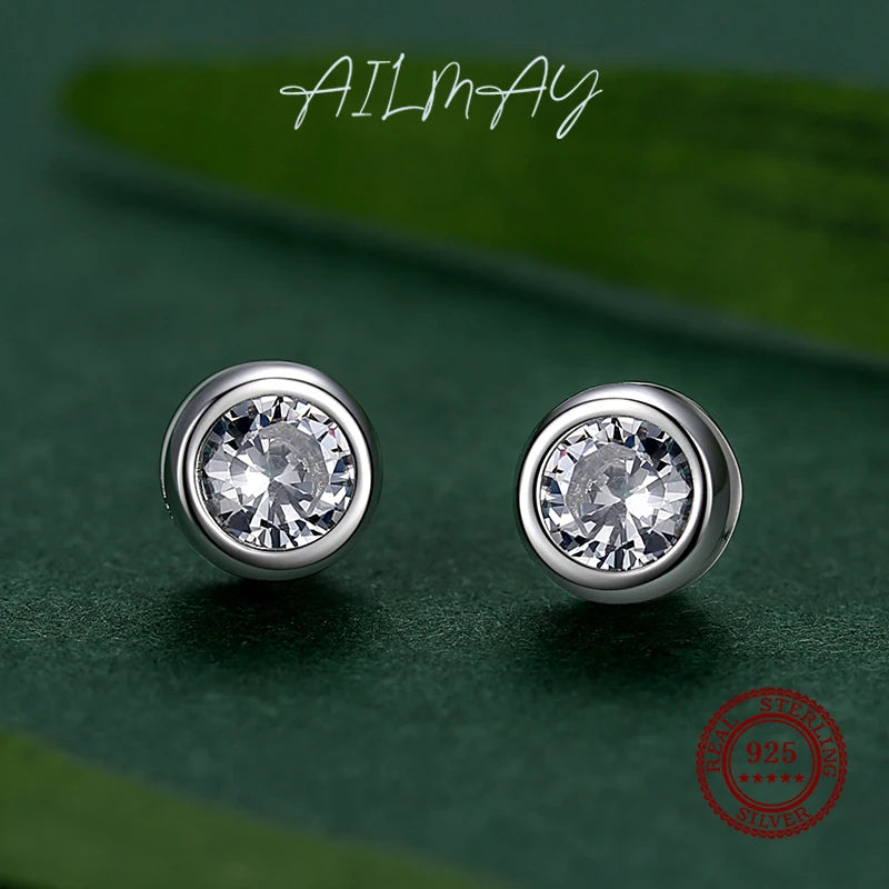 Ailmay Real 925 Sterling Silver  Dazzling Clear CZ Classic Round Design Stud Earring for Women Wedding Engagement Jewelry Gift