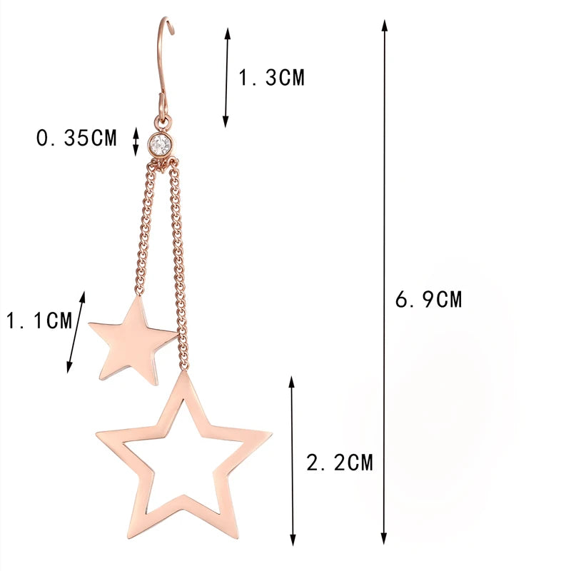 Fine Jewelry Hook Style Zircon And Two Stars Woman Drop Earring Lovely Fashion Long Earring Girl Stainless Steel Golden Earring