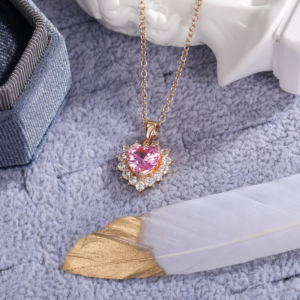 Huitan Gorgeous Pink Color Heart Pendant Necklace Women Engagement Wedding Bridal Necklaces Brilliant CZ Girls Statement Jewelry