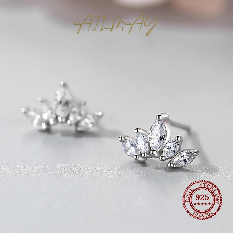 Ailmay Hot Sale New 100% Sterling Silver 925 Sparkling Clear Zircon Crown Exquisite Earring For Women Statement Jewelry Gift