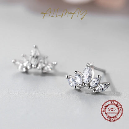 Ailmay Hot Sale New 100% Sterling Silver 925 Sparkling Clear Zircon Crown Exquisite Earring For Women Statement Jewelry Gift