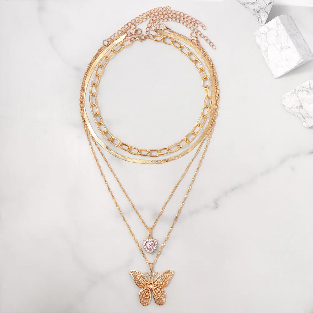 Flatfoosie New Multi-layer Pink Heart Crystal Pendant Necklace For Women Boho Butterfly Rhinestone Tennis Chain Necklace Jewelry