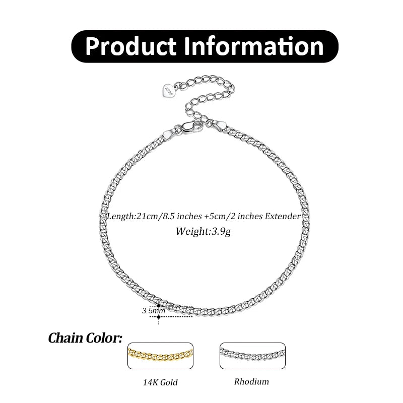 Rinntin 925 Sterling Silver Cuban Chain Anklets for Women Fashion Adjustable 14K Gold Foot Bracelet Ankle Straps Jewelry SA11