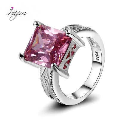 925 Silver Jewelry Cubic Zirconia Rectangle Pink Cushion Stone Rings Geometric Ring for Women Bridesmaid Wedding Party Gift Ring