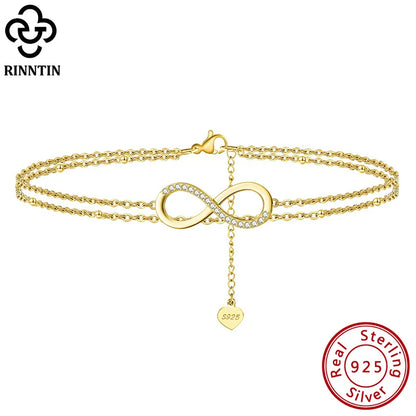 Rinntin 925 Sterling Silver Unique Layered Infinity&Satellite Anklets for Women 14K Gold Foot Bracelet Ankle Straps Jewelry SA16