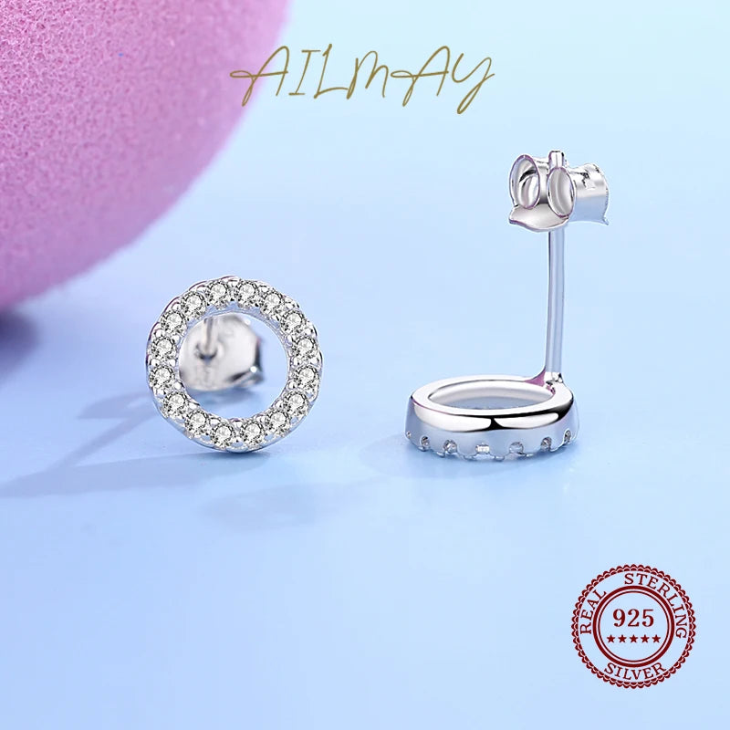 Ailmay Simple Fashionc 925 Sterling Silver Round Circle Clear Zircon Stud Earrings for Women Sterling Silver Jewelry Gift