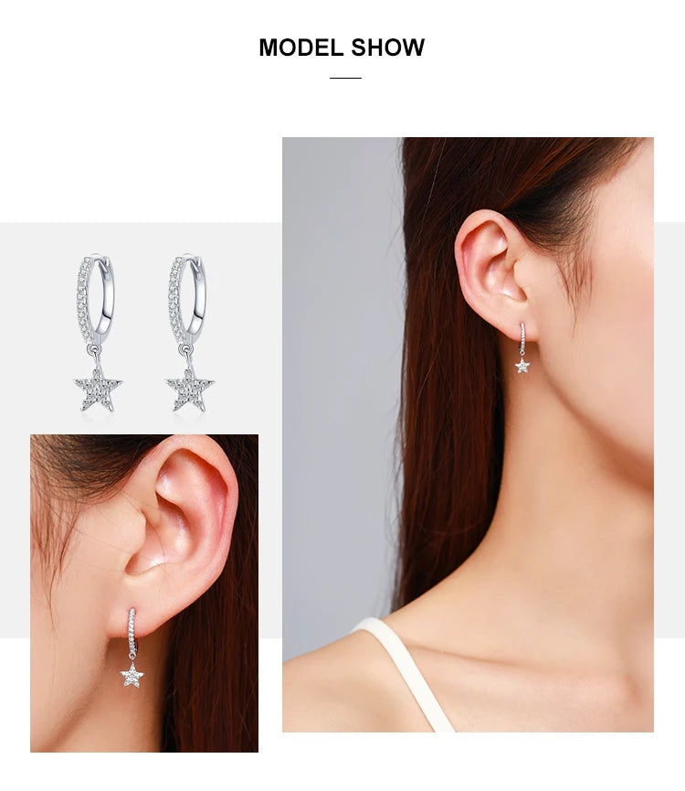 Ailmay Fashion 925 Sterling Silver Star Dangle Earrings Luxury Sparkling CZ For Women Classic Wedding Statement Jewelry