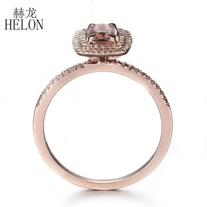 HELON Solid 10K Rose Gold Flawless Cushion 0.7ct Natural Morganite Halo Diamond Engagement Wedding Ring Women Fine Jewelry Ring