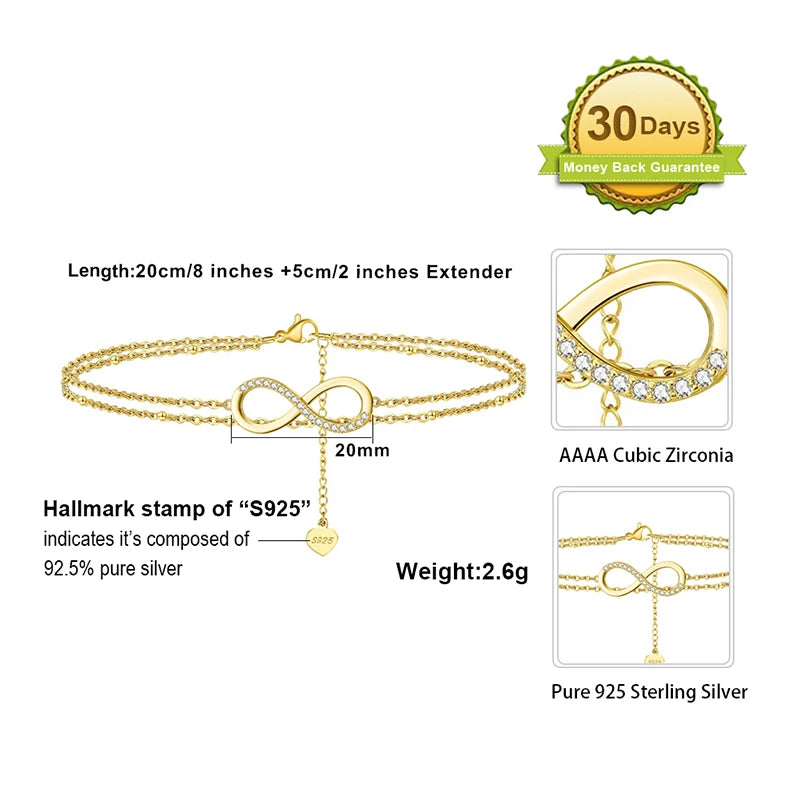 Rinntin 925 Sterling Silver Unique Layered Infinity&Satellite Anklets for Women 14K Gold Foot Bracelet Ankle Straps Jewelry SA16