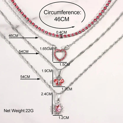 Flatfoosie New Multi-layer Pink Heart Crystal Pendant Necklace For Women Boho Butterfly Rhinestone Tennis Chain Necklace Jewelry