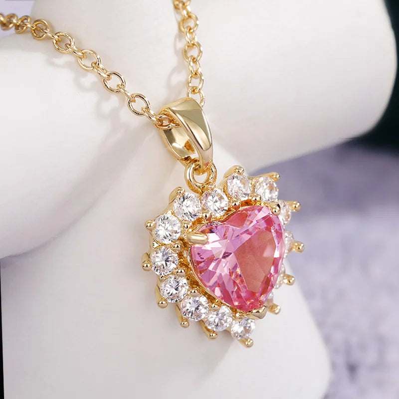 Huitan Gorgeous Pink Color Heart Pendant Necklace Women Engagement Wedding Bridal Necklaces Brilliant CZ Girls Statement Jewelry