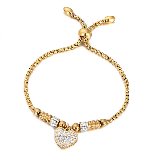 Adjustable Size Full Zircon Heart Charm Stainless Steel Gold Color Bracelet For Women Kids Best Christmas Birthday Gift