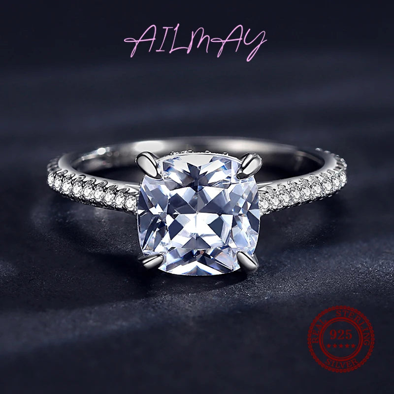 Ailmay Luxury Princess Square Dazzling 5A Zirconi Four Claw Rings For Women Classic Romantic 925 Sterling Silver Fashion Jewelry