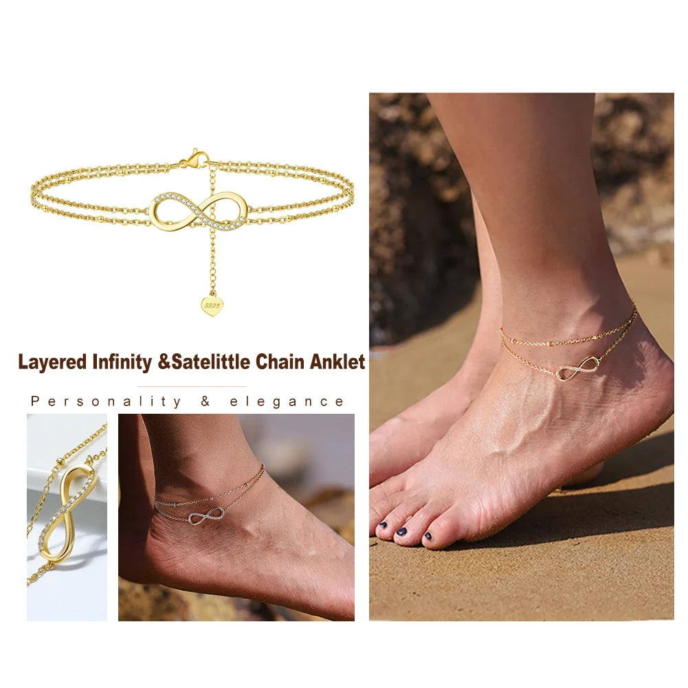 Rinntin 925 Sterling Silver Unique Layered Infinity&Satellite Anklets for Women 14K Gold Foot Bracelet Ankle Straps Jewelry SA16