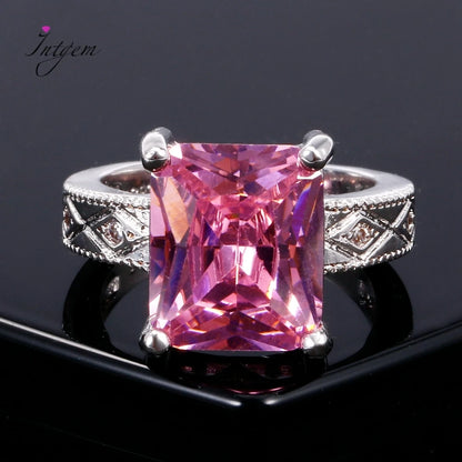 925 Silver Jewelry Cubic Zirconia Rectangle Pink Cushion Stone Rings Geometric Ring for Women Bridesmaid Wedding Party Gift Ring