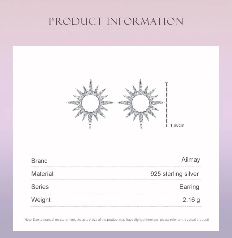 Ailmay 925 Sterling Silver Fashion Sun Flower Shape Sparkling Cubic CZ Stud Earrings For Women Fine Wedding Statement Jewelry