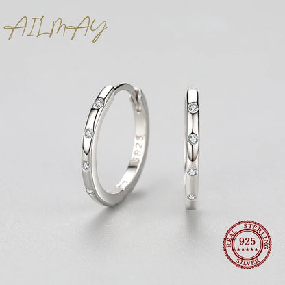 Ailmay Genuine 925 Sterling Silver Popular Round Earrings For Women Simple Design Dazzling Clear CZ Fine Hypoallergenic Jewelry