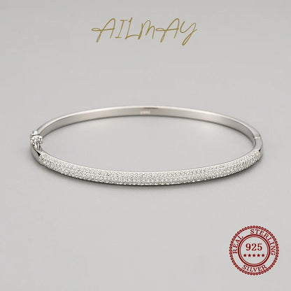 Ailmay Genuine 925 Sterling Silver Fashion Dazzling Clear Zircon Bracelets Crystal Wedding Lady Classic Romantic Jewelry