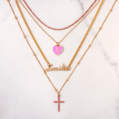 Flatfoosie New Multi-layer Pink Heart Crystal Pendant Necklace For Women Boho Butterfly Rhinestone Tennis Chain Necklace Jewelry