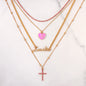 Flatfoosie New Multi-layer Pink Heart Crystal Pendant Necklace For Women Boho Butterfly Rhinestone Tennis Chain Necklace Jewelry