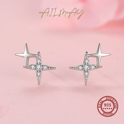 Ailmay Fashion 925 Sterling Silver Charm Sparkling Zircon Little Star  Earrings For Women Girls Party Accessories Jewelry