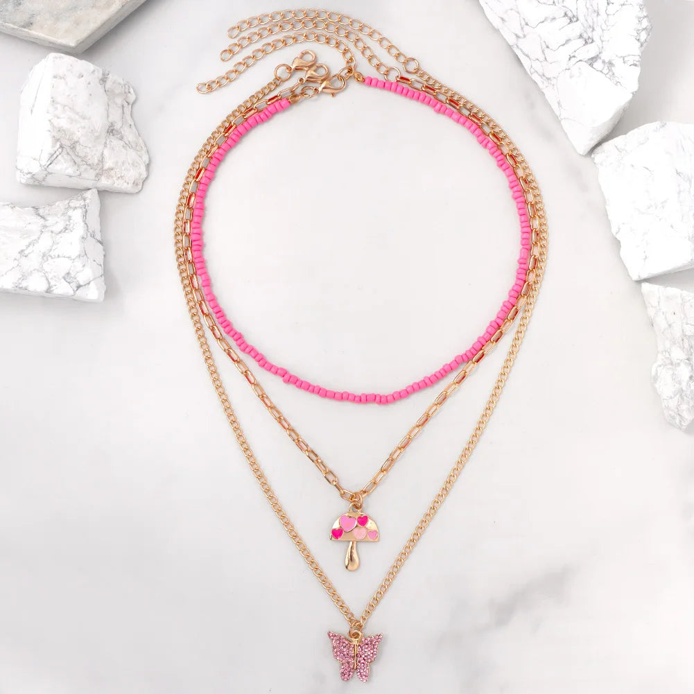 Flatfoosie New Multi-layer Pink Heart Crystal Pendant Necklace For Women Boho Butterfly Rhinestone Tennis Chain Necklace Jewelry