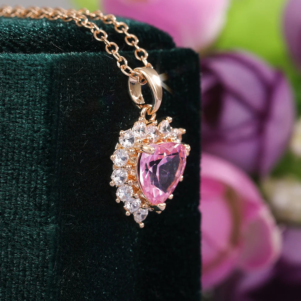 Huitan Gorgeous Pink Color Heart Pendant Necklace Women Engagement Wedding Bridal Necklaces Brilliant CZ Girls Statement Jewelry