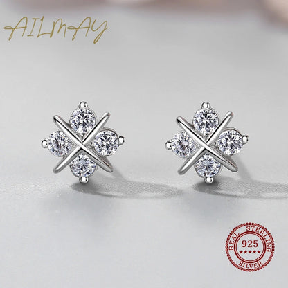 Ailmay 100% 925 Sterling Silver Exquisite Clear CZ Flower Stud Earrings For Women Simple Design Fine Hypoallergenic Jewelry