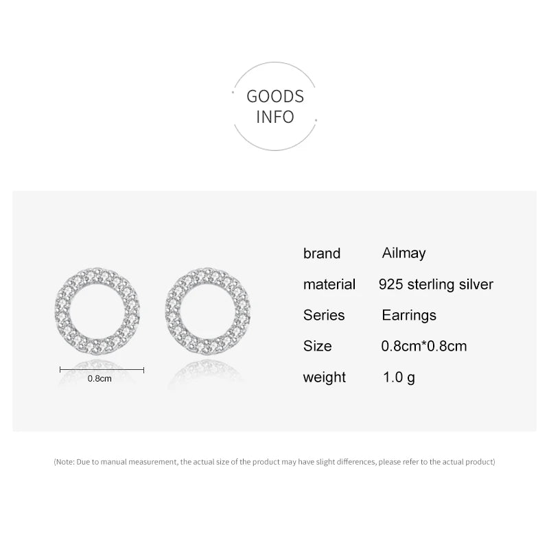 Ailmay Simple Fashionc 925 Sterling Silver Round Circle Clear Zircon Stud Earrings for Women Sterling Silver Jewelry Gift