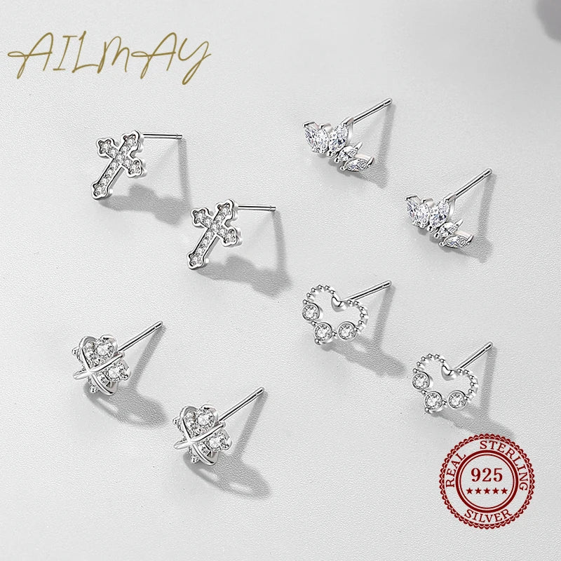 Ailmay 100% 925 Sterling Silver Exquisite Clear CZ Flower Stud Earrings For Women Simple Design Fine Hypoallergenic Jewelry