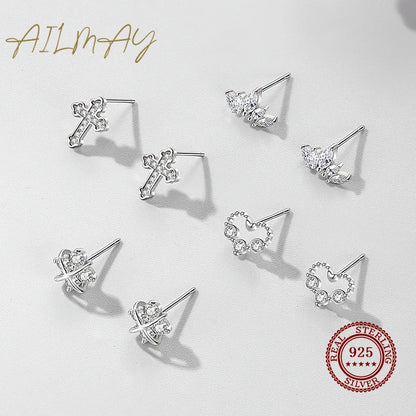 Ailmay 100% 925 Sterling Silver Exquisite Clear CZ Flower Stud Earrings For Women Simple Design Fine Hypoallergenic Jewelry