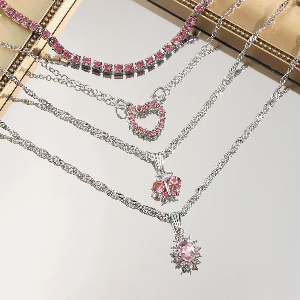 Flatfoosie New Multi-layer Pink Heart Crystal Pendant Necklace For Women Boho Butterfly Rhinestone Tennis Chain Necklace Jewelry