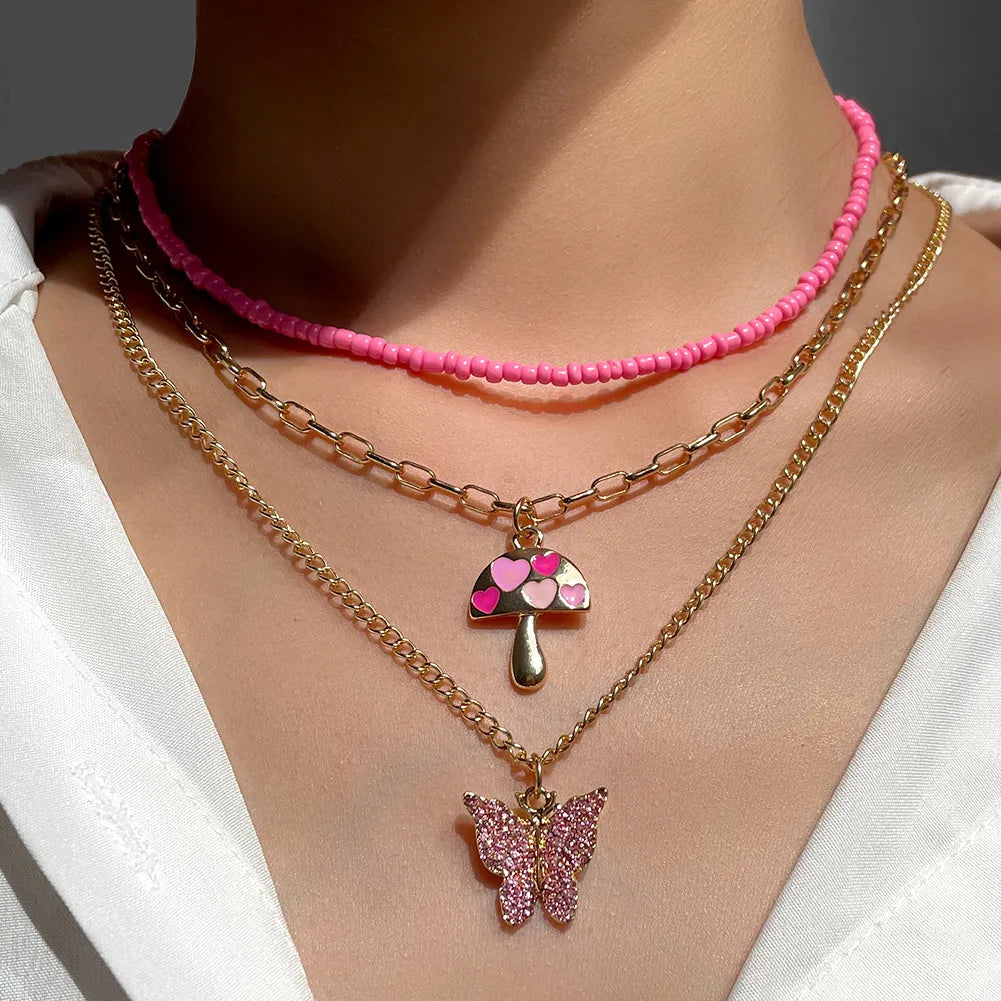 Flatfoosie New Multi-layer Pink Heart Crystal Pendant Necklace For Women Boho Butterfly Rhinestone Tennis Chain Necklace Jewelry