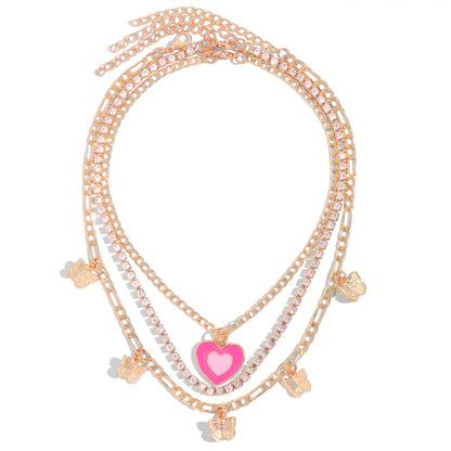 Flatfoosie New Multi-layer Pink Heart Crystal Pendant Necklace For Women Boho Butterfly Rhinestone Tennis Chain Necklace Jewelry