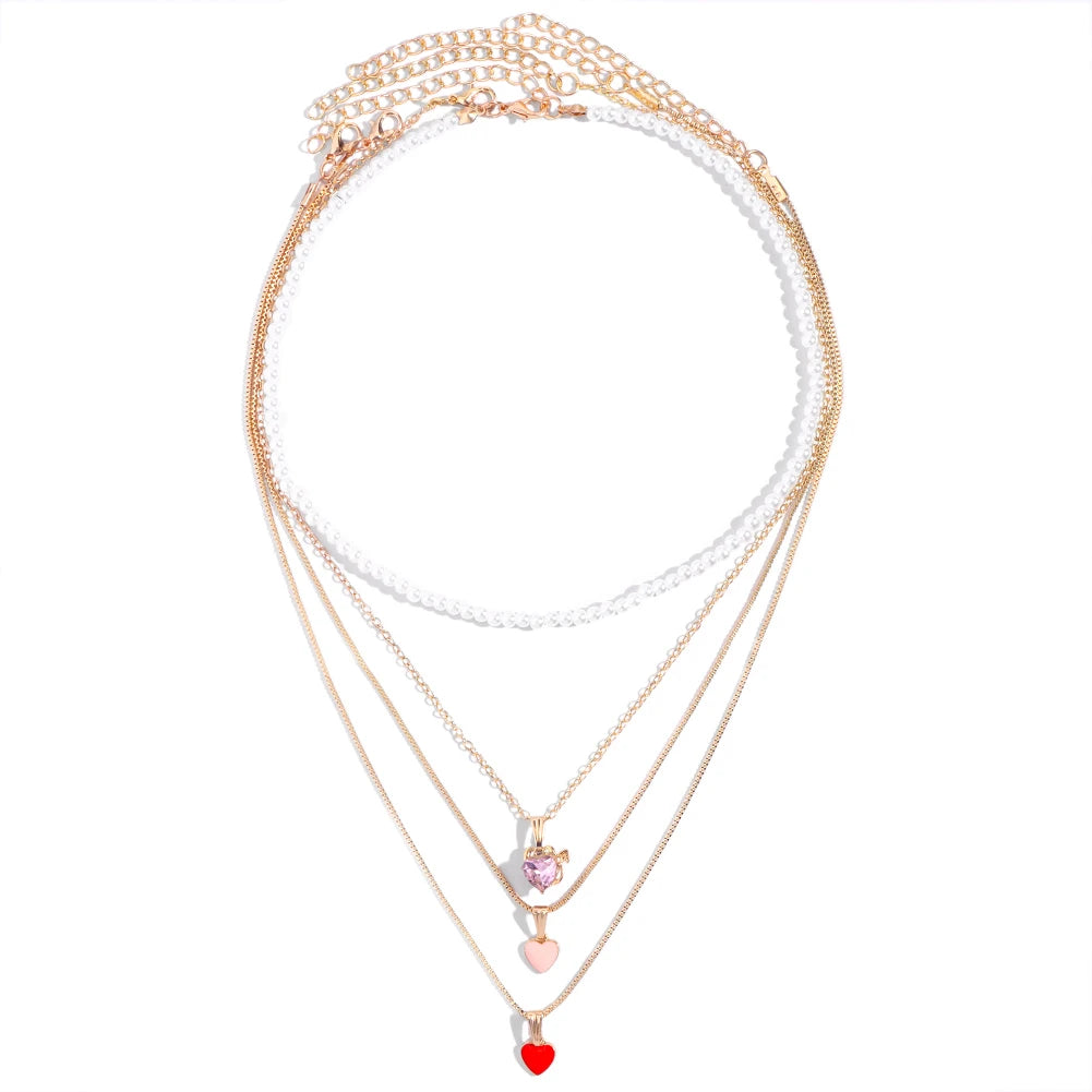 Flatfoosie New Multi-layer Pink Heart Crystal Pendant Necklace For Women Boho Butterfly Rhinestone Tennis Chain Necklace Jewelry