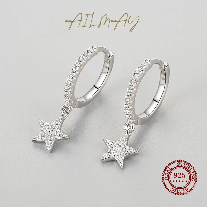 Ailmay Fashion 925 Sterling Silver Star Dangle Earrings Luxury Sparkling CZ For Women Classic Wedding Statement Jewelry