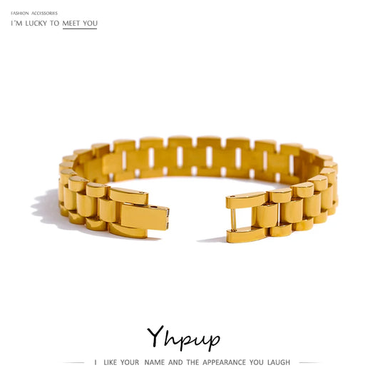 Yhpup Stainless Steel Chain Bracelet Simple 18 K Plated Heavy Metal Texture Fashion Jewelry Men Bijoux Femme Party Waterproof