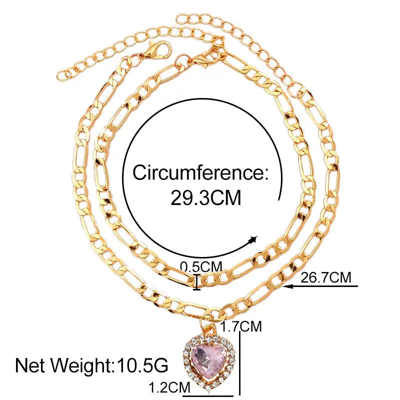 Flatfoosie 2Pcs/Set Multicolor Heart Crystal Foot Bracelet Copper Feet Chain Friendship Gifts Anklet For Women Foot Jewelry Gift