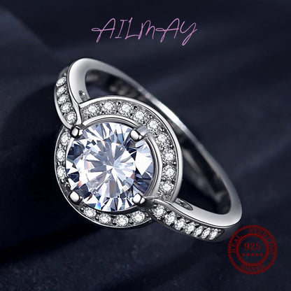 Ailmay 10 Hearts Arrows Zircon Rings Round Luxury Classic Style Solid 925 Sterling Silver For Women Classic Wedding Jewelry