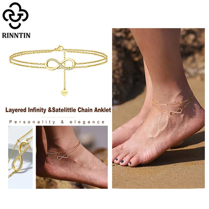 Rinntin 925 Sterling Silver Unique Layered Infinity&Satellite Anklets for Women 14K Gold Foot Bracelet Ankle Straps Jewelry SA16