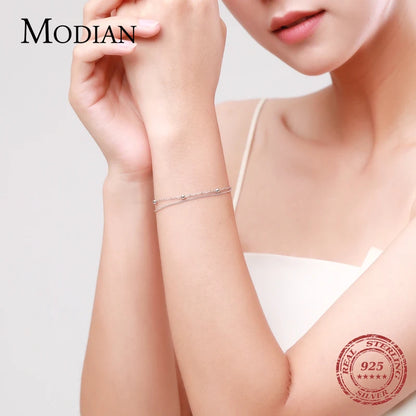 Modian Silver Double Layer Beads Link Chain 100% 925 Sterling Silver Trendy Simple Female Bracelet For Women Wedding Jewelry