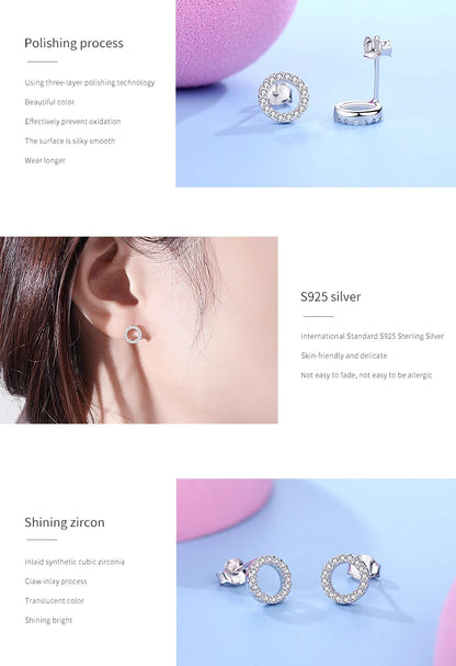 Ailmay Simple Fashionc 925 Sterling Silver Round Circle Clear Zircon Stud Earrings for Women Sterling Silver Jewelry Gift