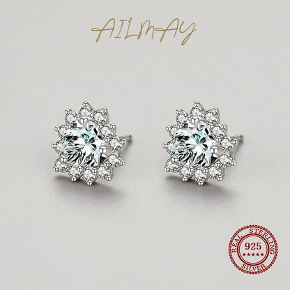 Ailmay Romantic Heart Clear Zircon Earrings Real 925 Sterling Silver For Women Classic Luxury Wedding Accessories Jewelry GIFT