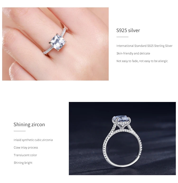 Ailmay Luxury Princess Square Dazzling 5A Zirconi Four Claw Rings For Women Classic Romantic 925 Sterling Silver Fashion Jewelry