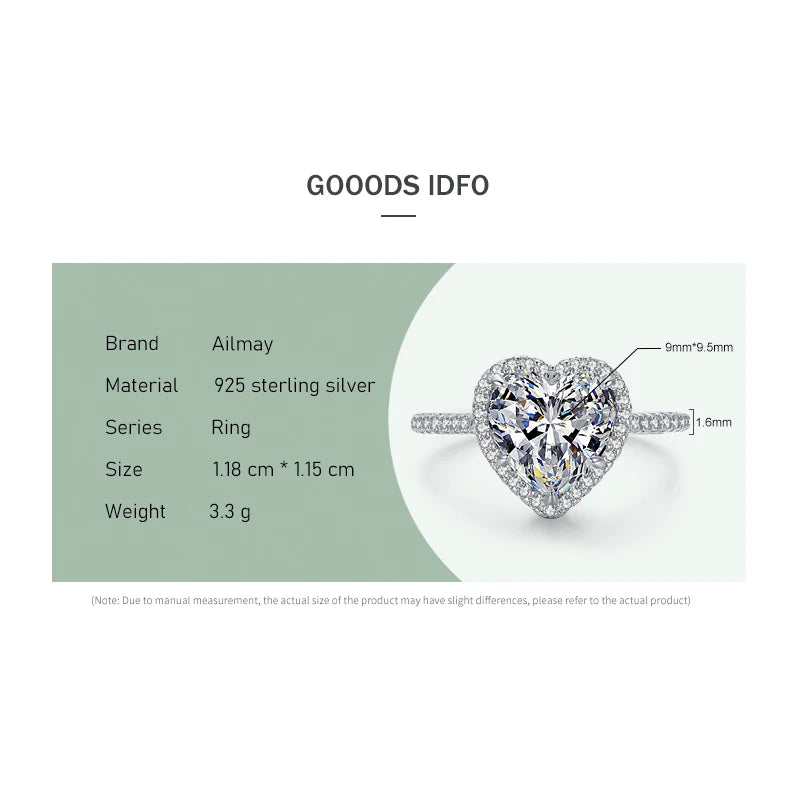 Ailmay 100% 925 Sterling Silve Elegant Romantic Sparkling Clear Zircon Heart Rings For Women Classic Wedding Statement Jewelry