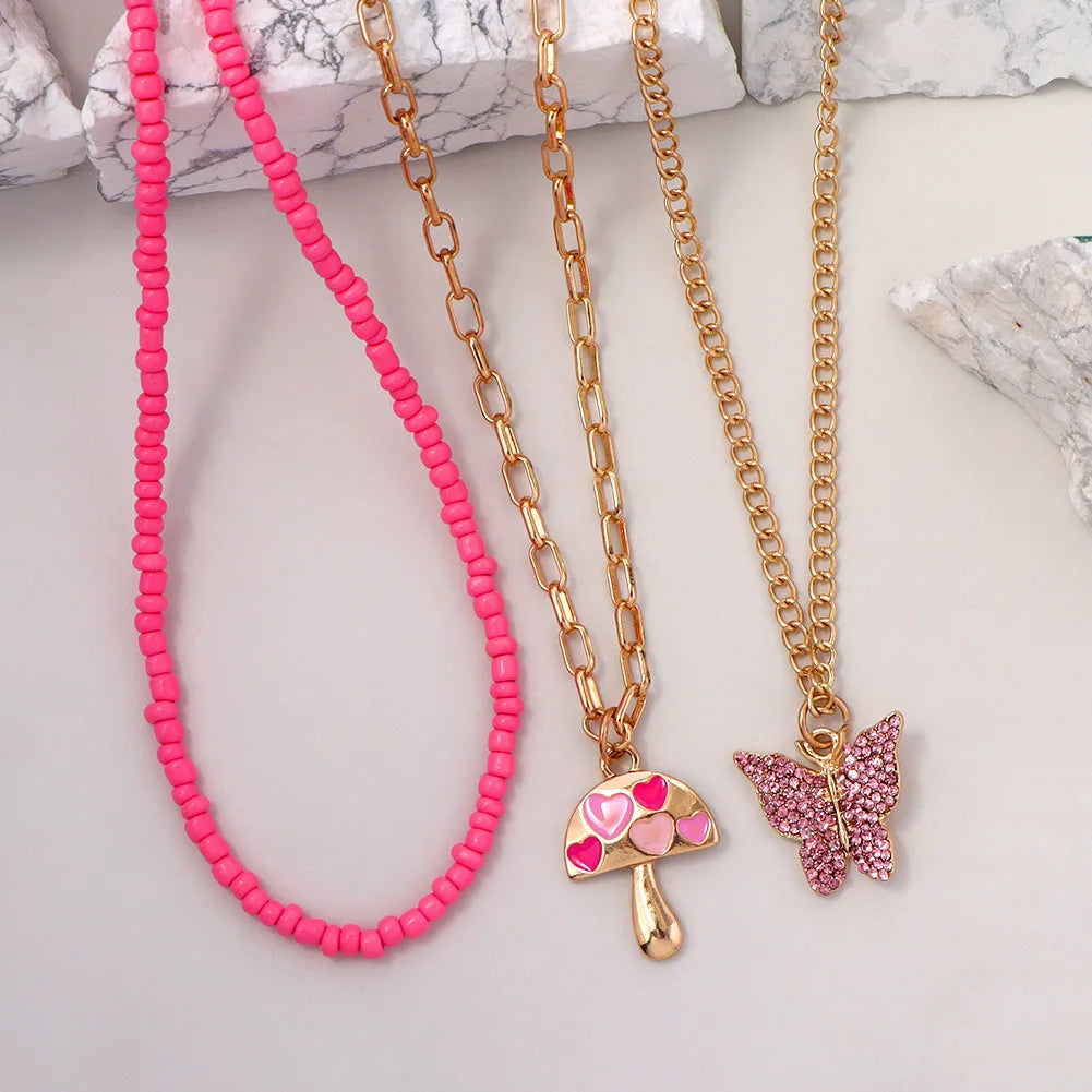 Flatfoosie New Multi-layer Pink Heart Crystal Pendant Necklace For Women Boho Butterfly Rhinestone Tennis Chain Necklace Jewelry