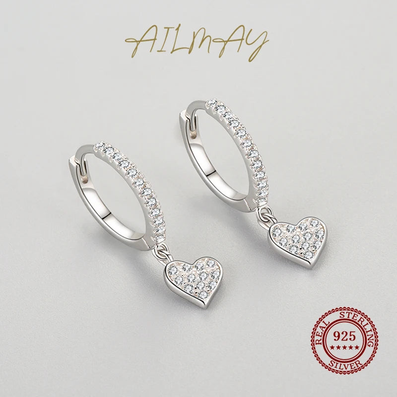 Ailmay 2021 New Arrival 925 Sterling Silver Heart Drop Earrings with Charm for Women Wedding Engagement Statement Luxury Jewelry